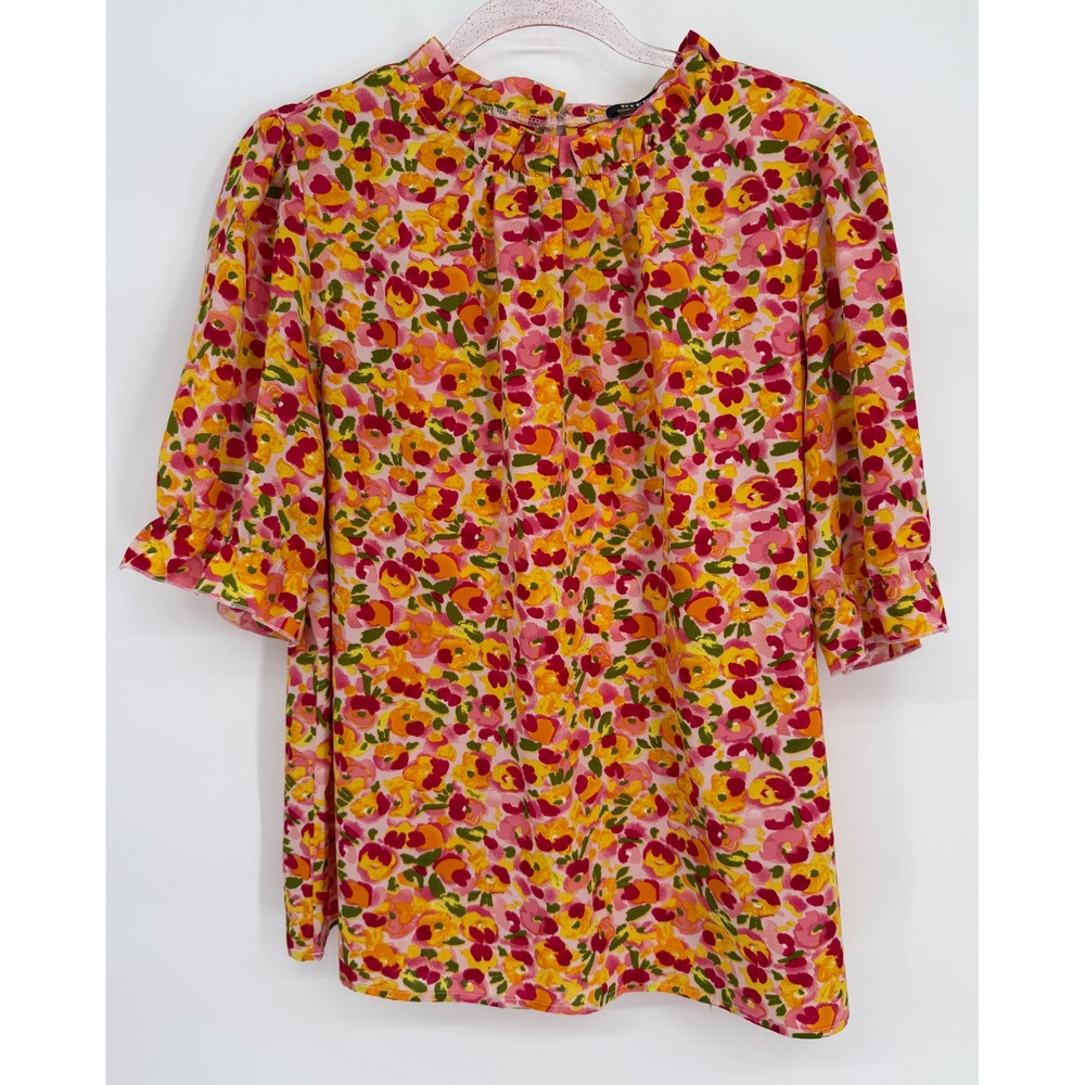 BTFBM Womens Pink Yellow Floral Mock Neck Ruffle 3/4 Sleeve Blouse Sz‎ L